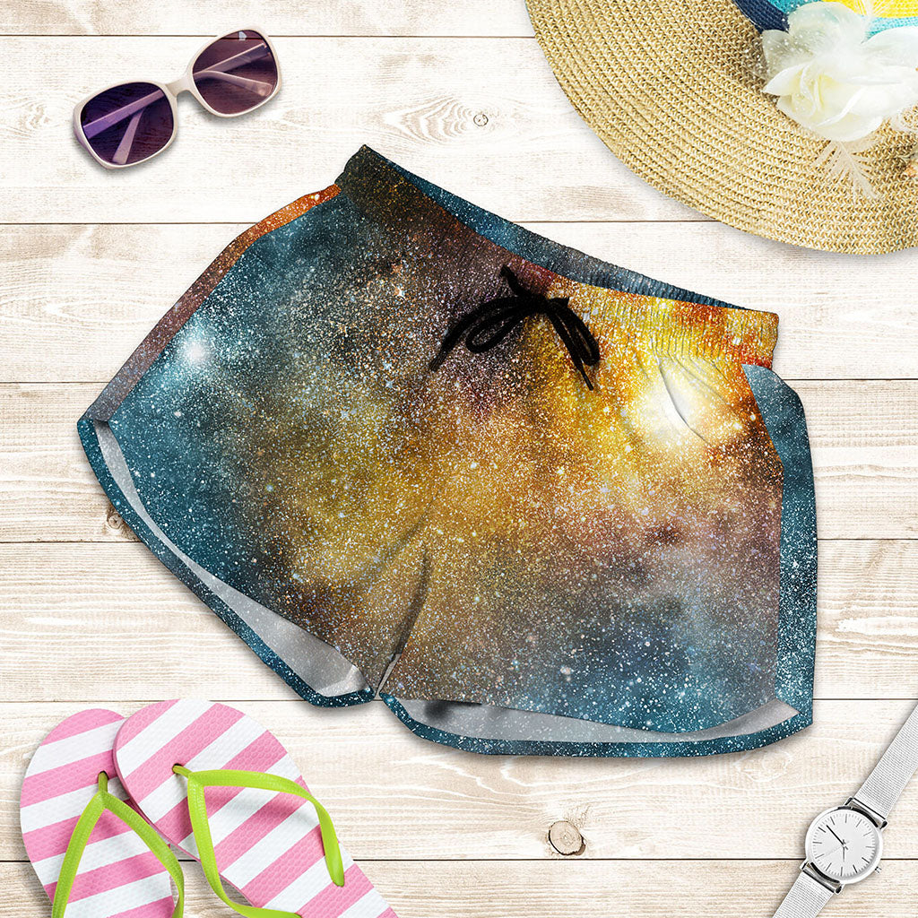 Blue Orange Stardust Galaxy Space Print Women's Shorts