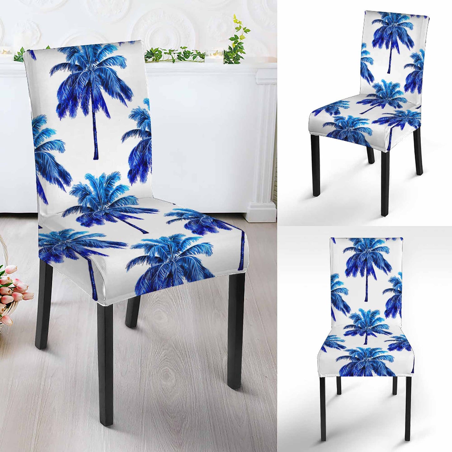 Blue Palm Tree Pattern Print Dining Chair Slipcover