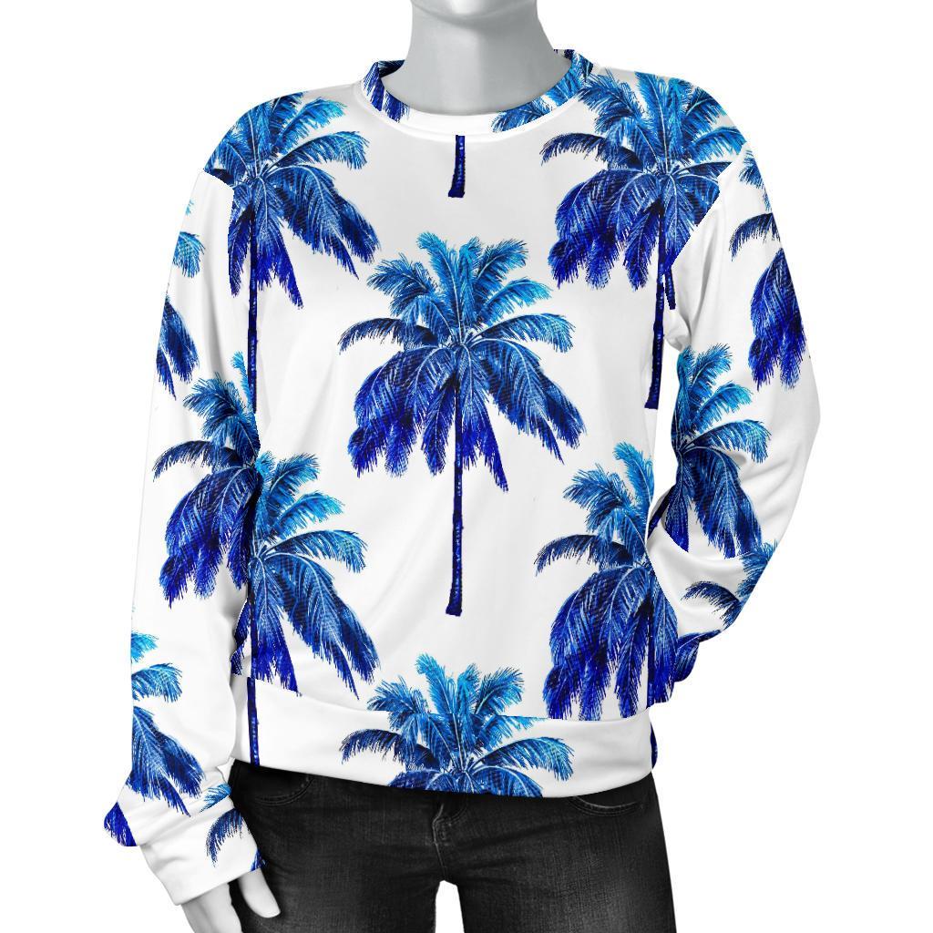 Blue Palm Tree Pattern Print Women's Crewneck Sweatshirt GearFrost