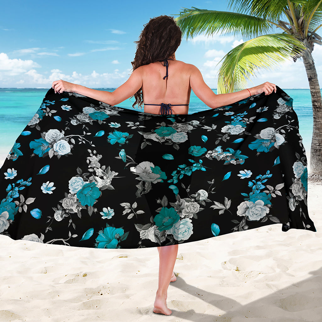 Blue Peony And Grey Rose Floral Print Beach Sarong Wrap