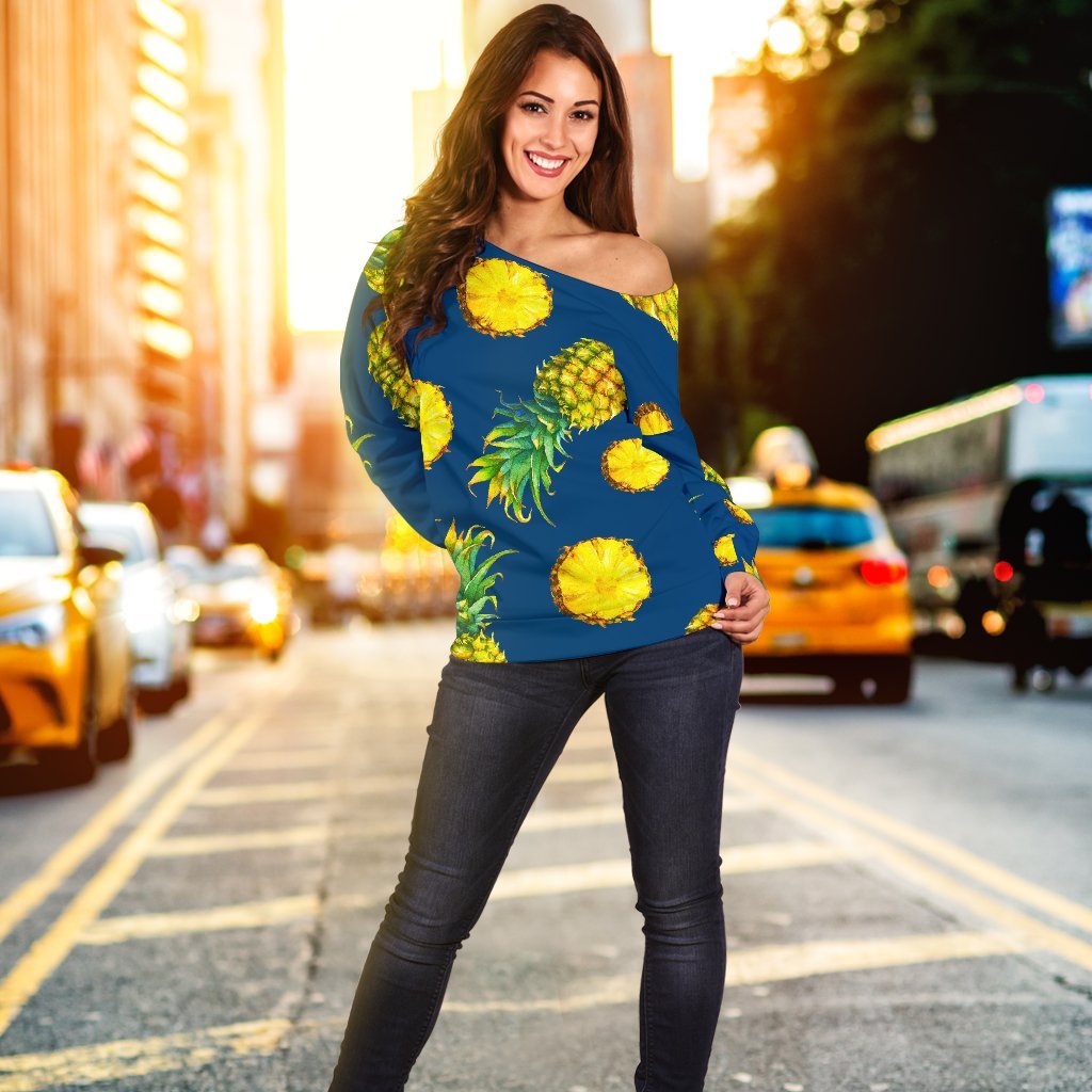 Blue Pineapple Pattern Print Off Shoulder Sweatshirt GearFrost