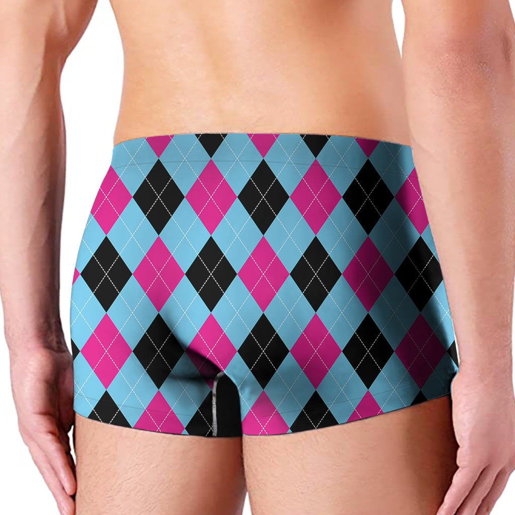 Blue Pink And Black Argyle Pattern Print Men's Boxer Briefs
