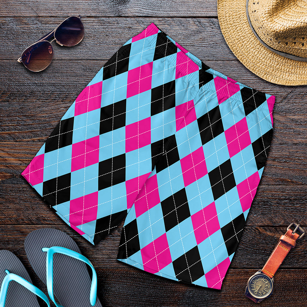Blue Pink And Black Argyle Pattern Print Men's Shorts