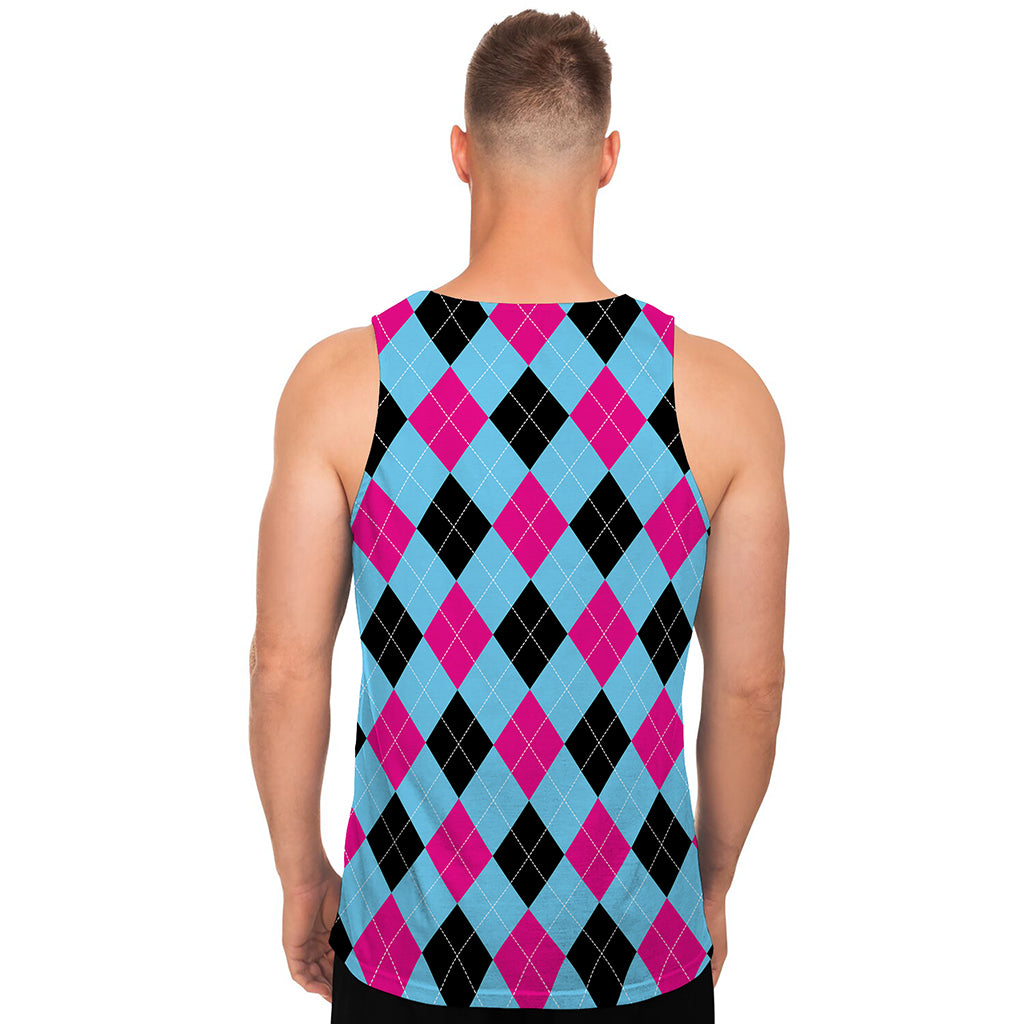 Blue Pink And Black Argyle Pattern Print Men's Tank Top