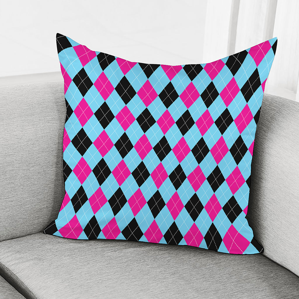 Blue Pink And Black Argyle Pattern Print Pillow Cover