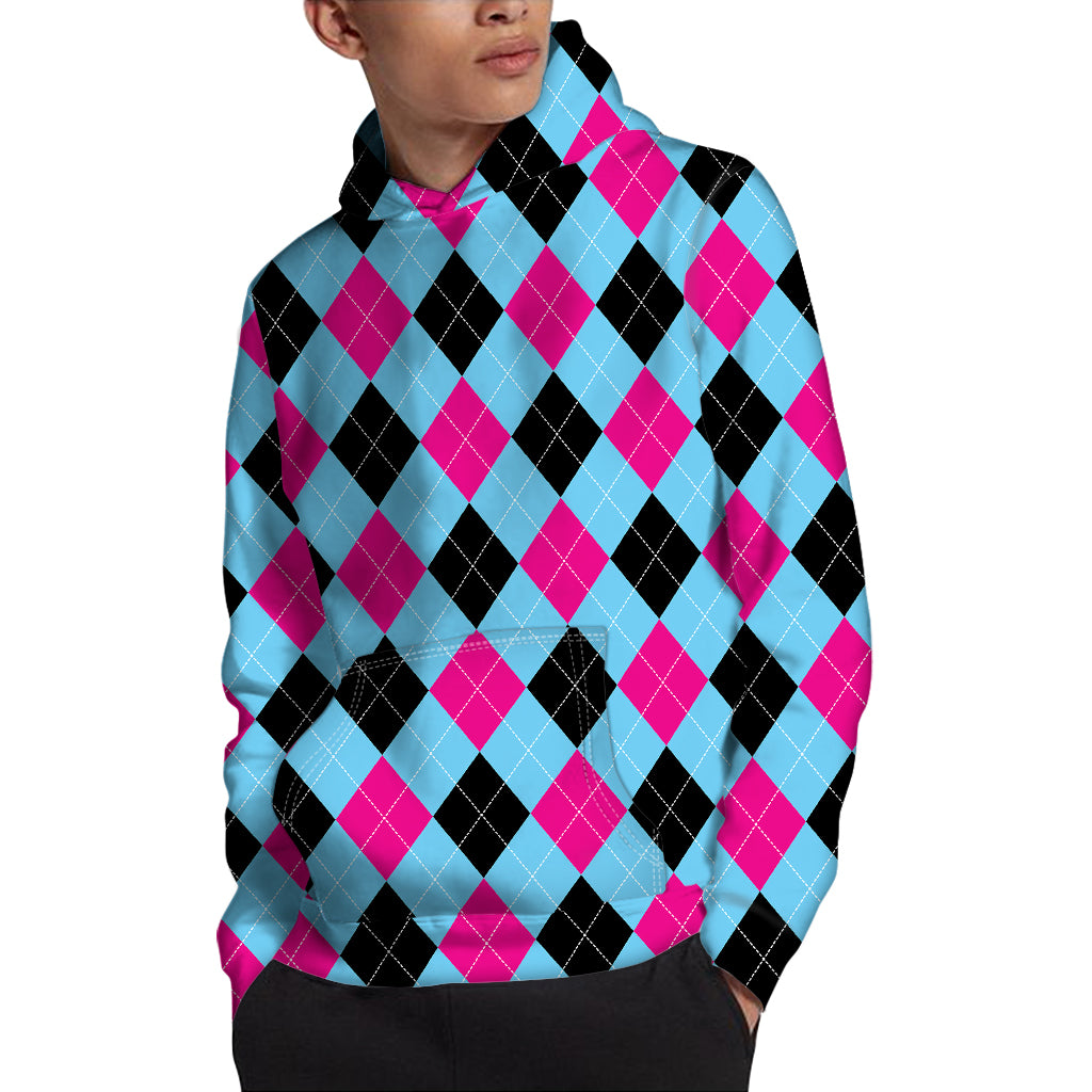 Blue Pink And Black Argyle Pattern Print Pullover Hoodie