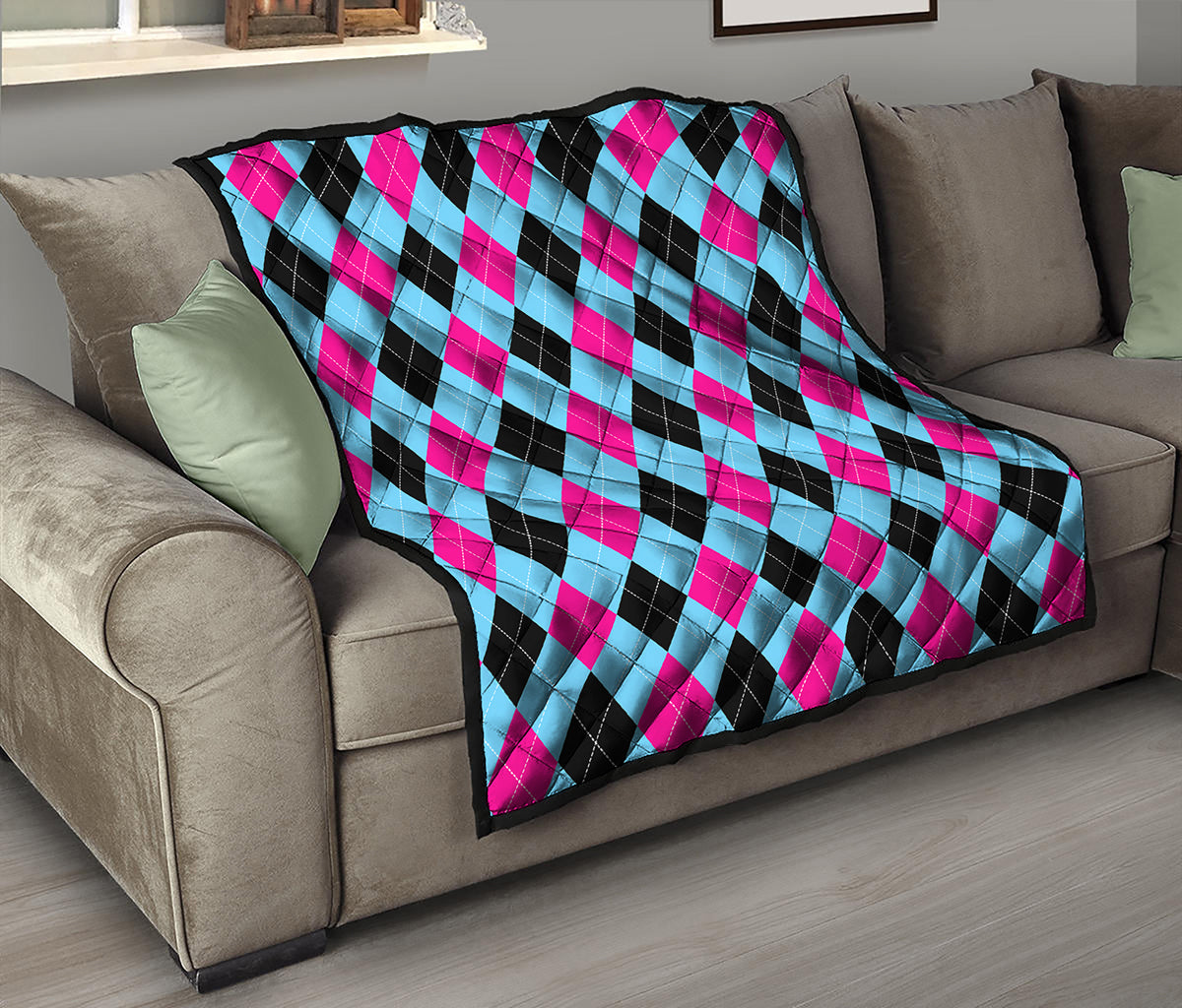 Blue Pink And Black Argyle Pattern Print Quilt