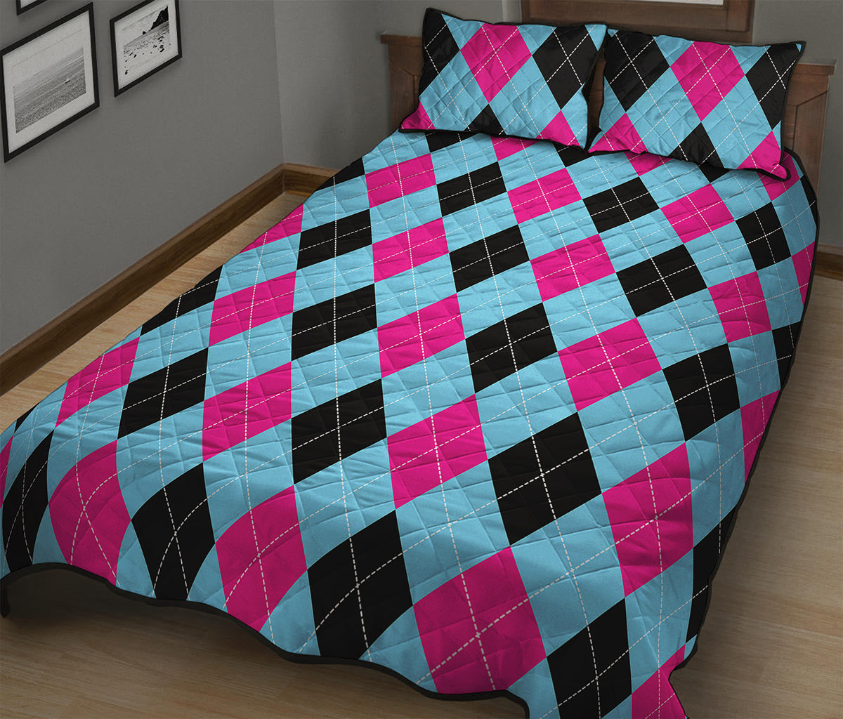Blue Pink And Black Argyle Pattern Print Quilt Bed Set