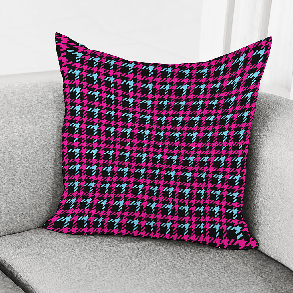 Blue Pink And Black Houndstooth Print Pillow Cover