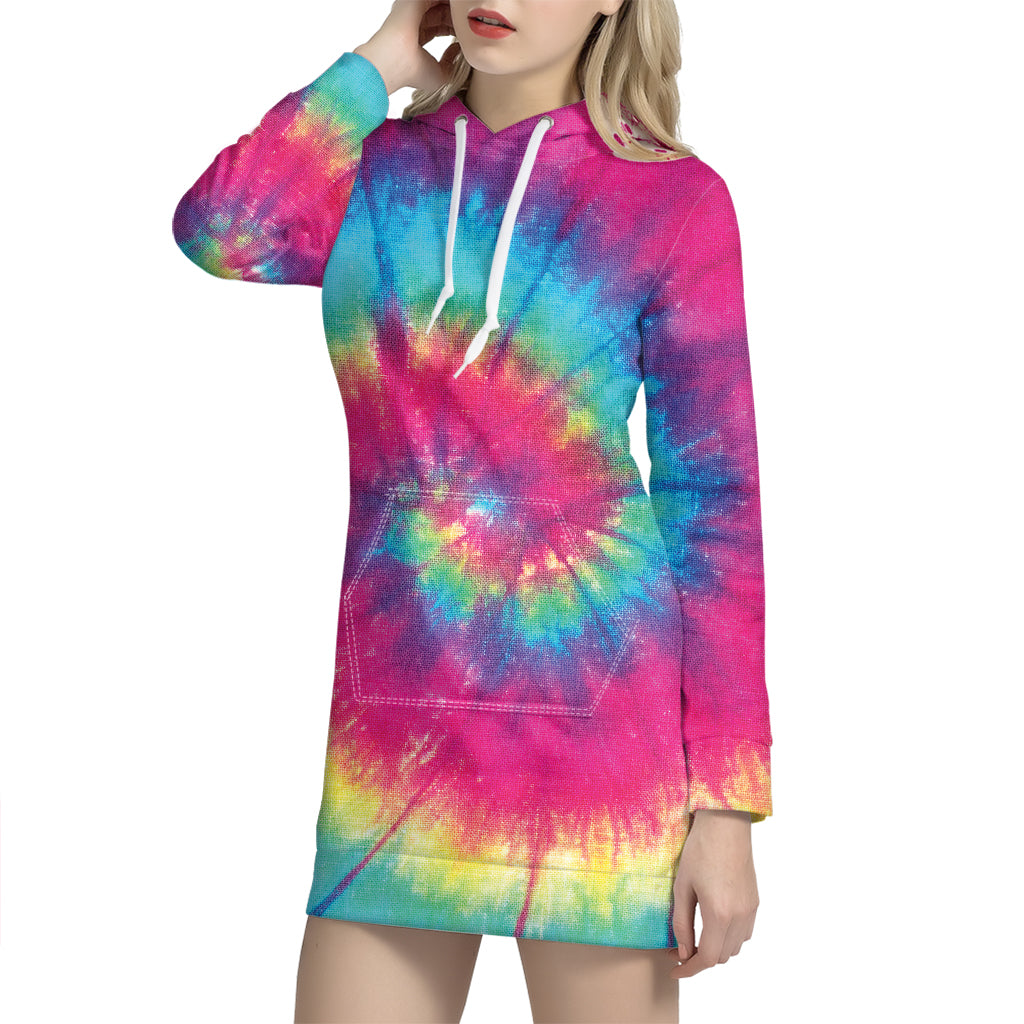 Blue Pink And Yellow Tie Dye Print Pullover Hoodie Dress