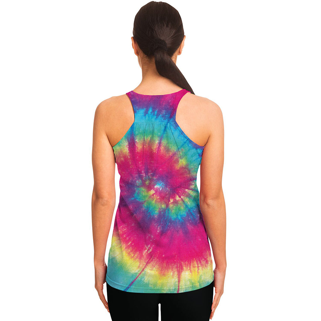 Blue Pink And Yellow Tie Dye Print Women's Racerback Tank Top