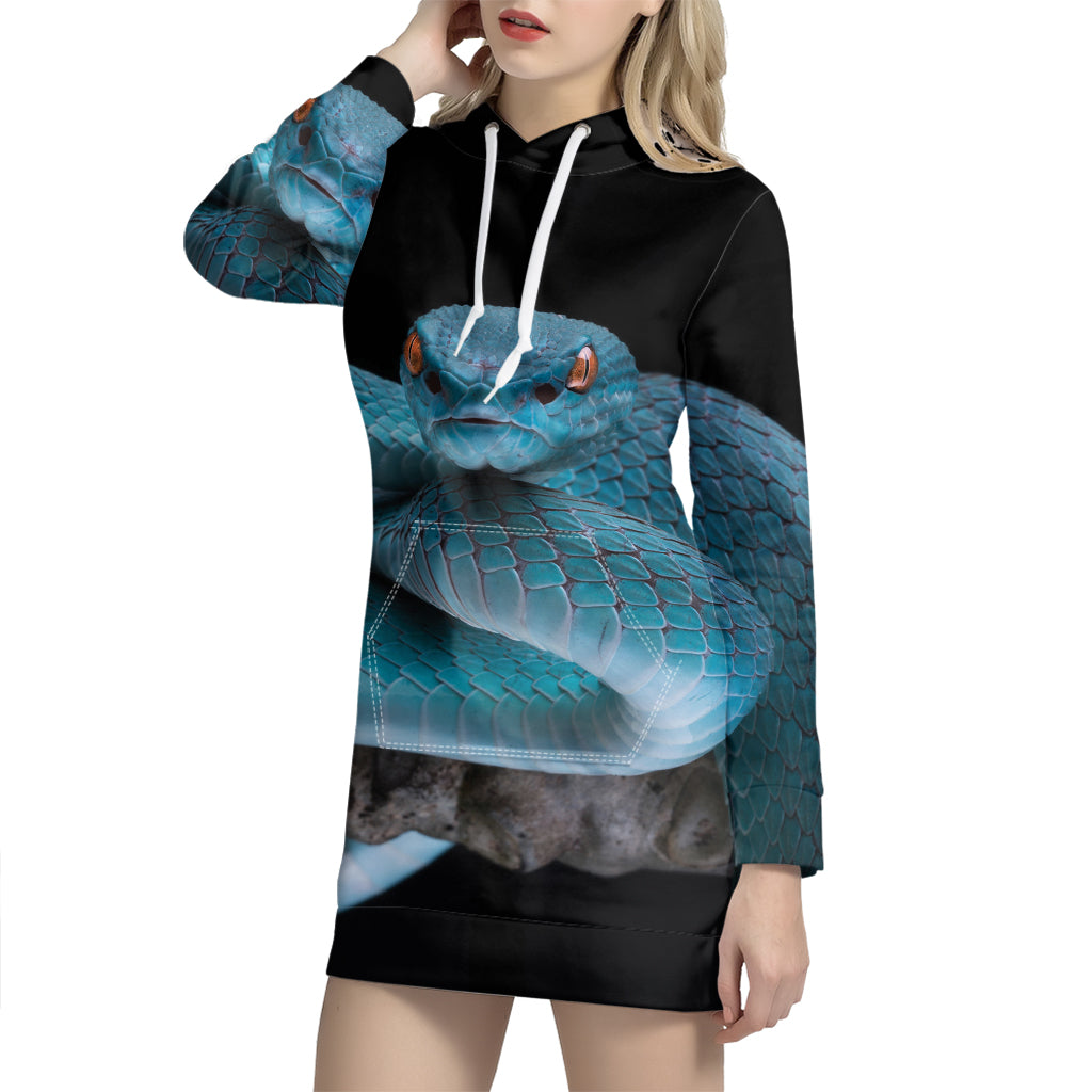 Blue Pit Viper Snake Print Pullover Hoodie Dress