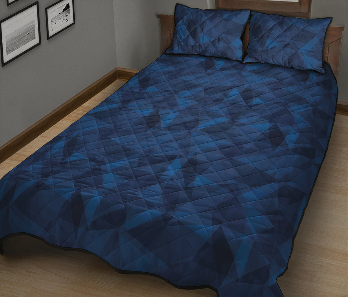 Blue Polygonal Geometric Print Quilt Bed Set