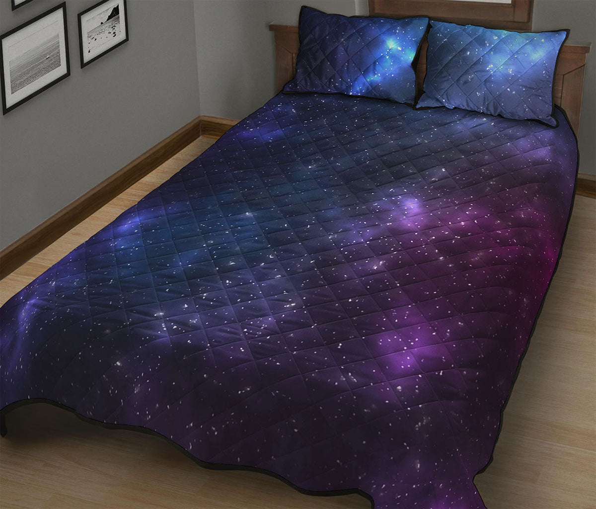 Blue Purple Cosmic Galaxy Space Print Quilt Bed Set