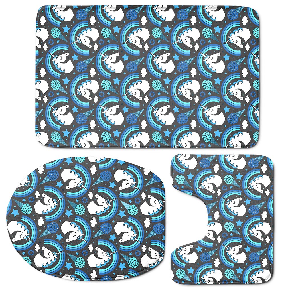 Blue Rainbow Unicorn Pattern Print 3 Piece Bath Mat Set