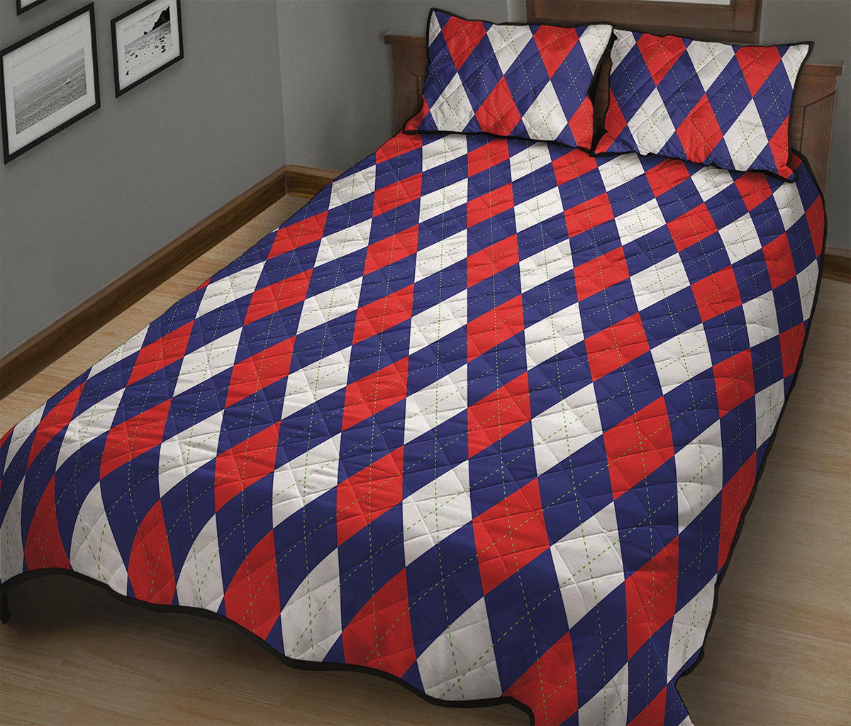 Blue Red And White Argyle Pattern Print Quilt Bed Set