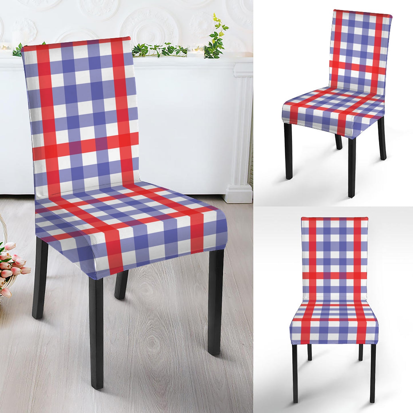 Blue Red And White Check Pattern Print Dining Chair Slipcover