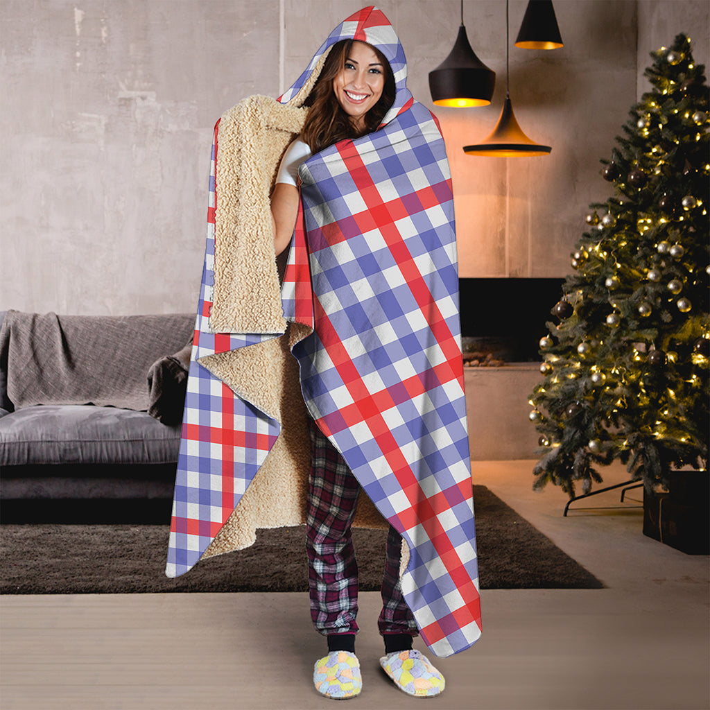 Blue Red And White Check Pattern Print Hooded Blanket