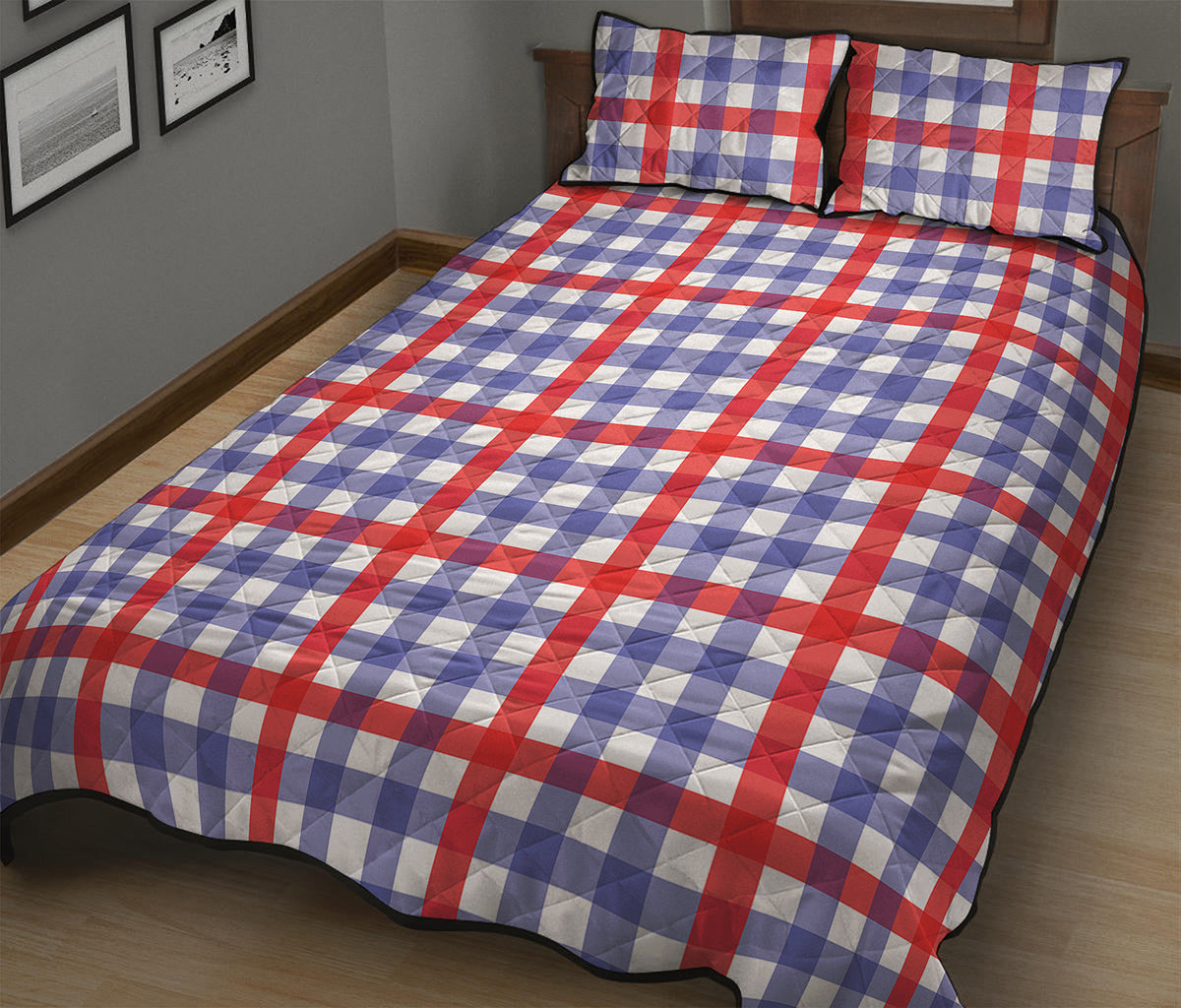 Blue Red And White Check Pattern Print Quilt Bed Set
