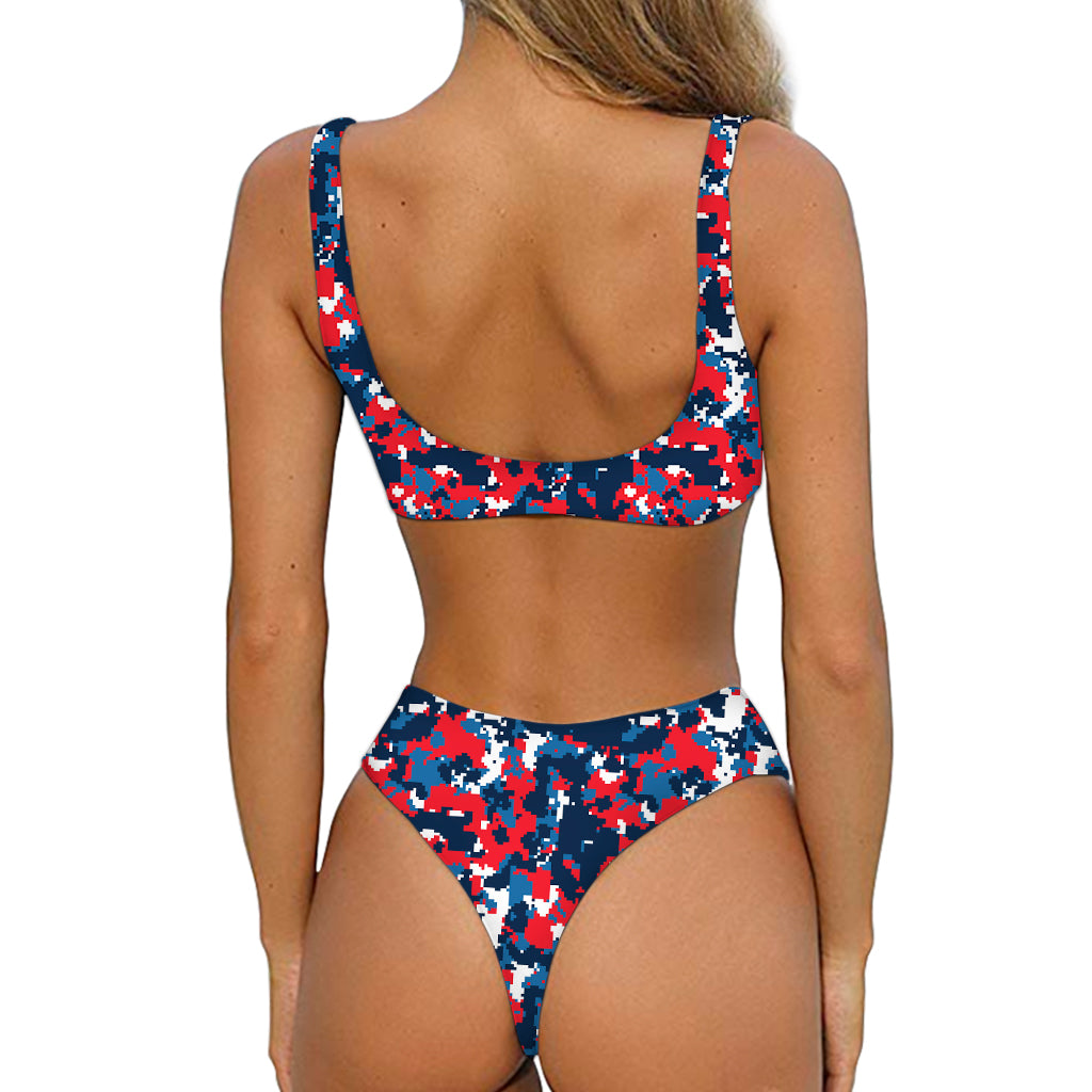 Blue Red And White Digital Camo Print Front Bow Tie Bikini
