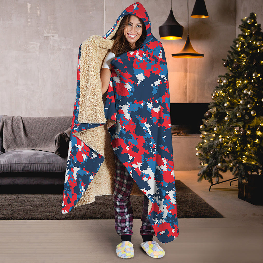 Blue Red And White Digital Camo Print Hooded Blanket