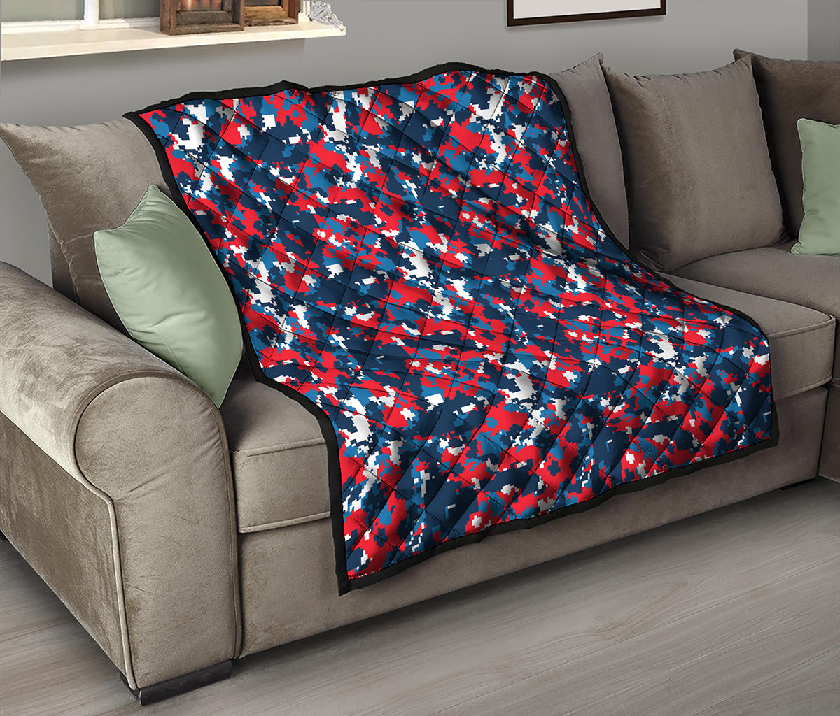 Blue Red And White Digital Camo Print Quilt
