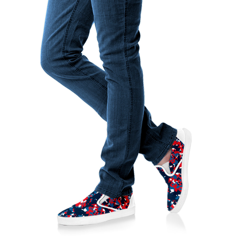 Blue Red And White Digital Camo Print White Slip On Shoes