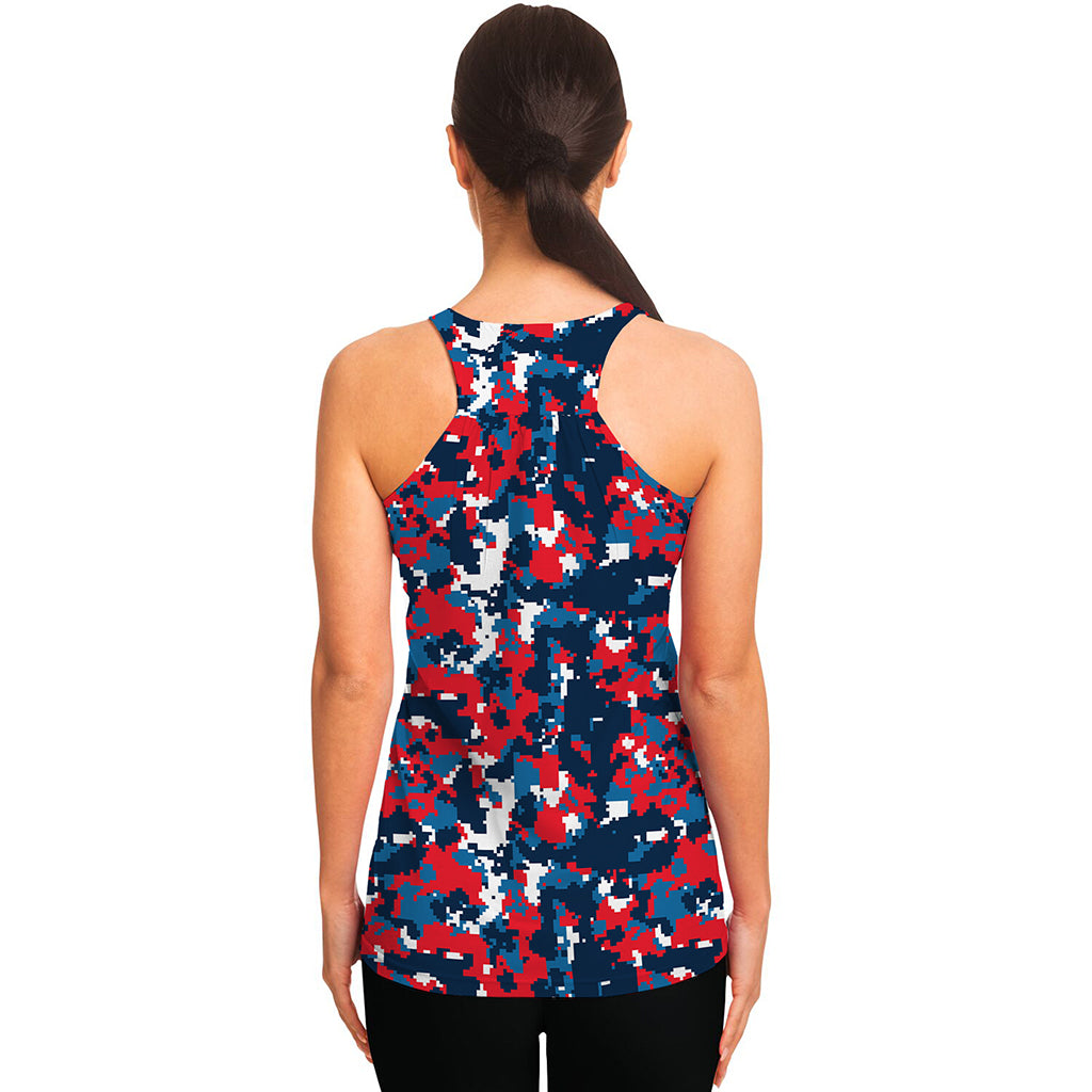 Blue Red And White Digital Camo Print Women's Racerback Tank Top