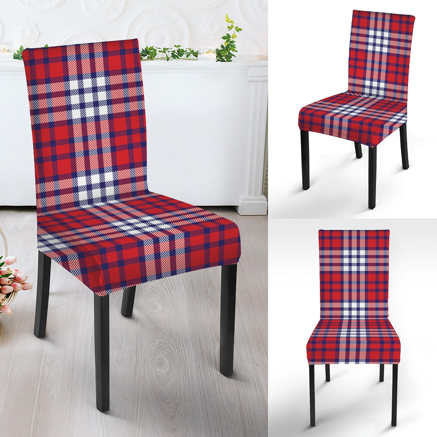 Blue Red And White USA Plaid Print Dining Chair Slipcover