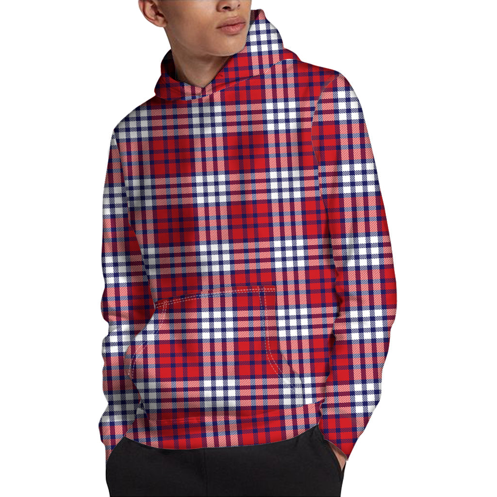 Blue Red And White USA Plaid Print Pullover Hoodie
