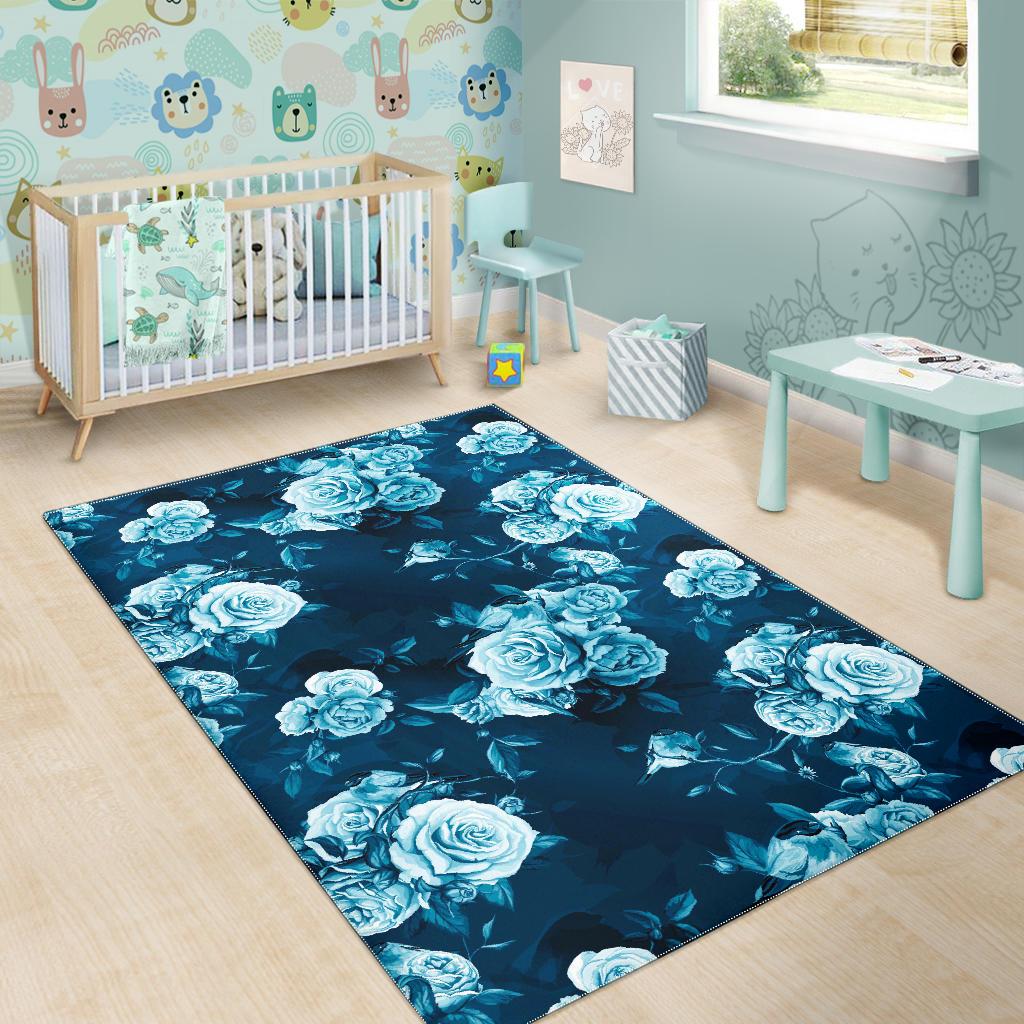 Blue Rose Floral Flower Pattern Print Area Rug GearFrost