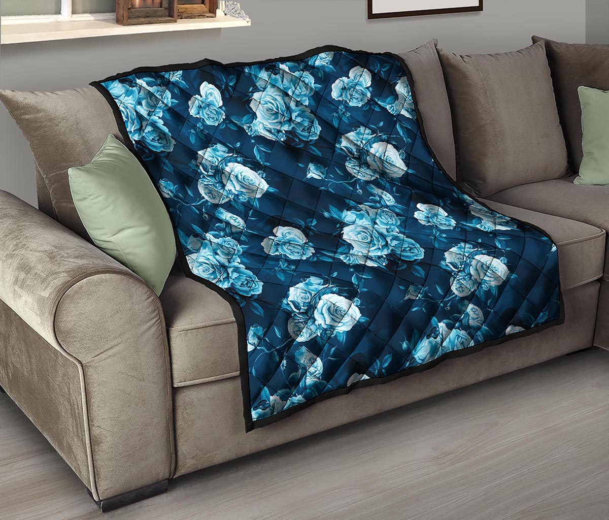 Blue Rose Floral Flower Pattern Print Quilt