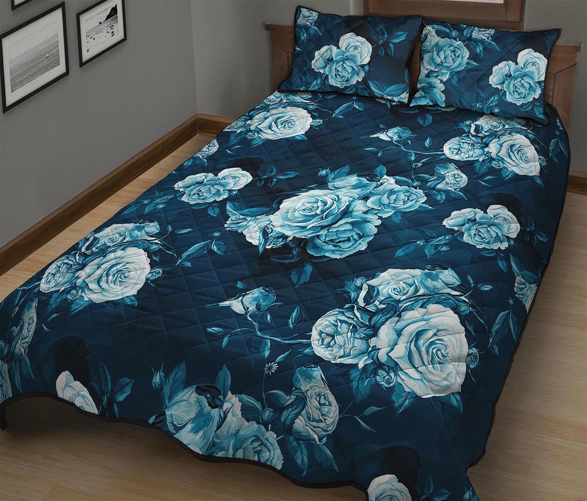 Blue Rose Floral Flower Pattern Print Quilt Bed Set
