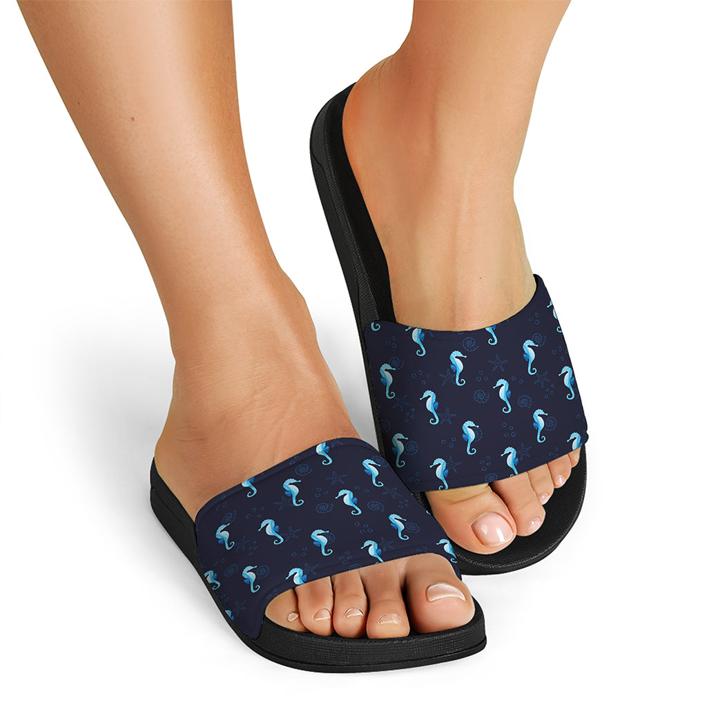Blue Seahorse Pattern Print Black Slide Sandals