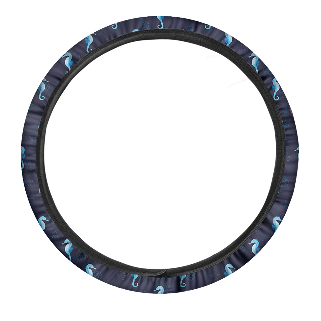 Blue Seahorse Pattern Print Car Steering Wheel Cover