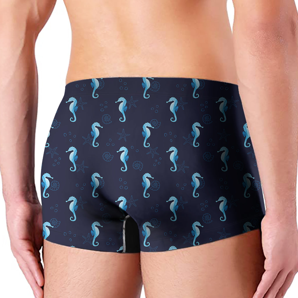 Blue Seahorse Pattern Print Men's Boxer Briefs