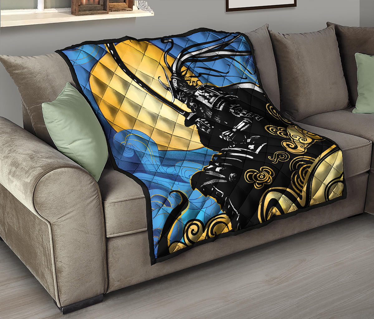 Blue Sky And Golden Sun Samurai Print Quilt