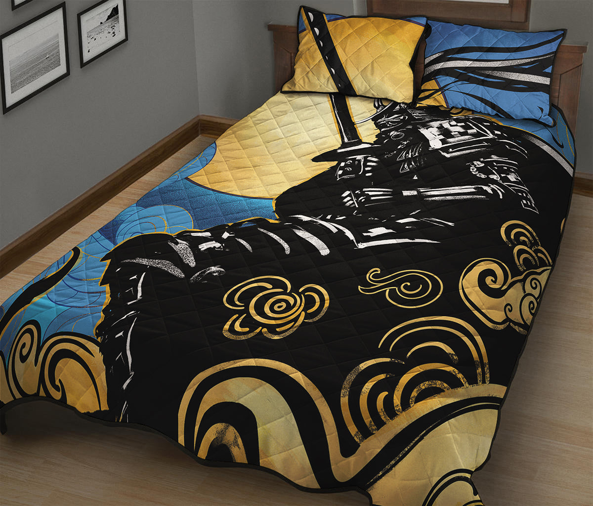 Blue Sky And Golden Sun Samurai Print Quilt Bed Set