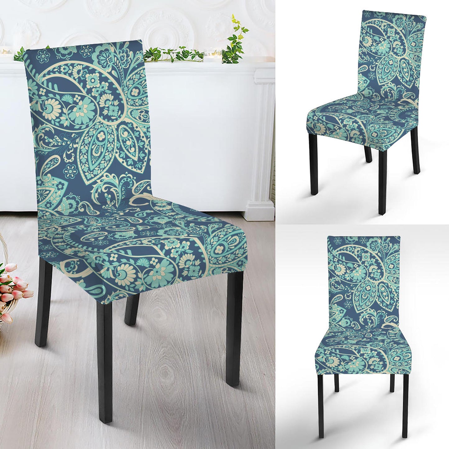 Blue Sky Paisley Bohemian Pattern Print Dining Chair Slipcover