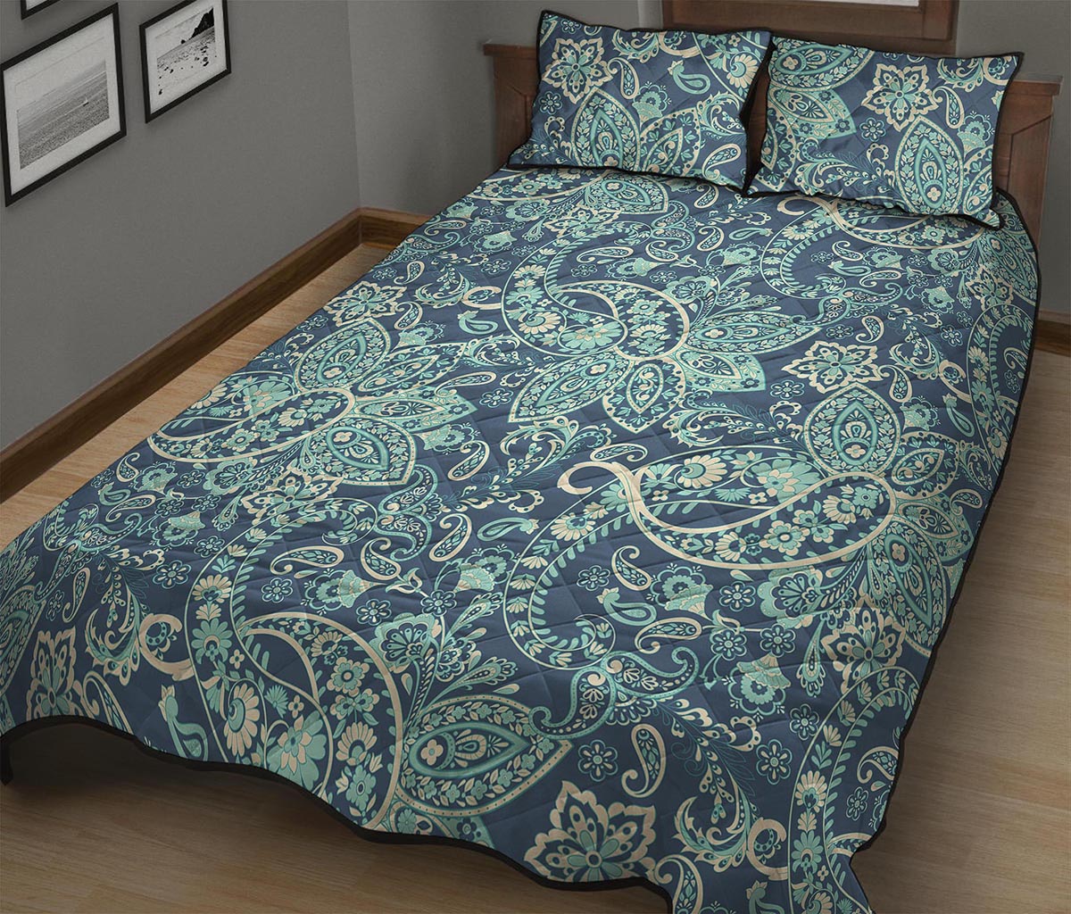 Blue Sky Paisley Bohemian Pattern Print Quilt Bed Set
