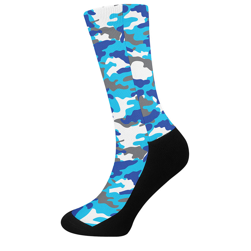 Blue Snow Camouflage Print Crew Socks