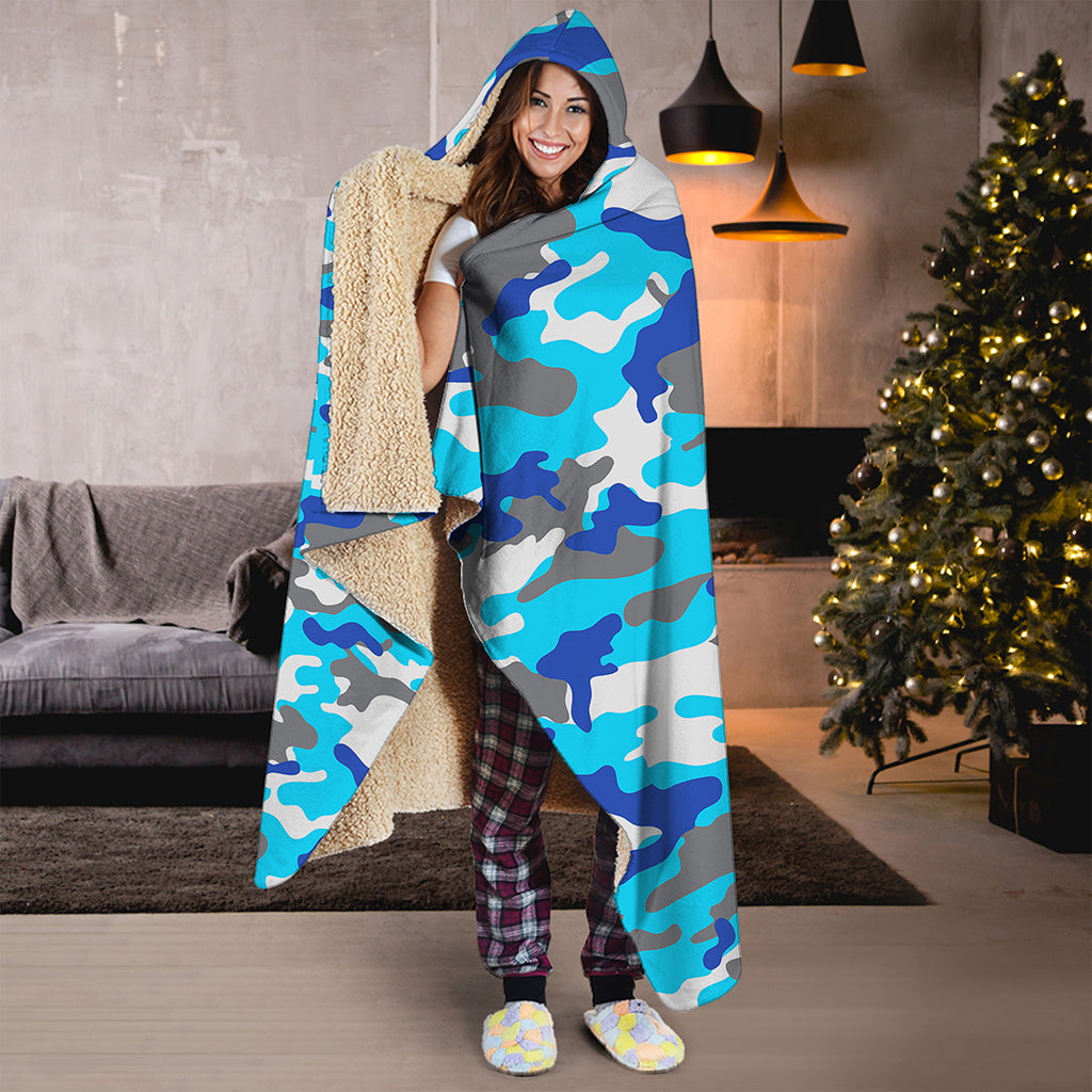 Blue Snow Camouflage Print Hooded Blanket