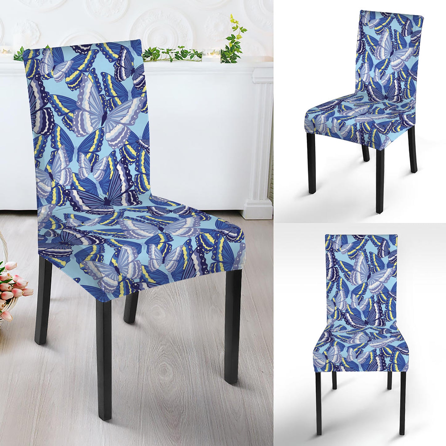 Blue Spring Butterfly Pattern Print Dining Chair Slipcover