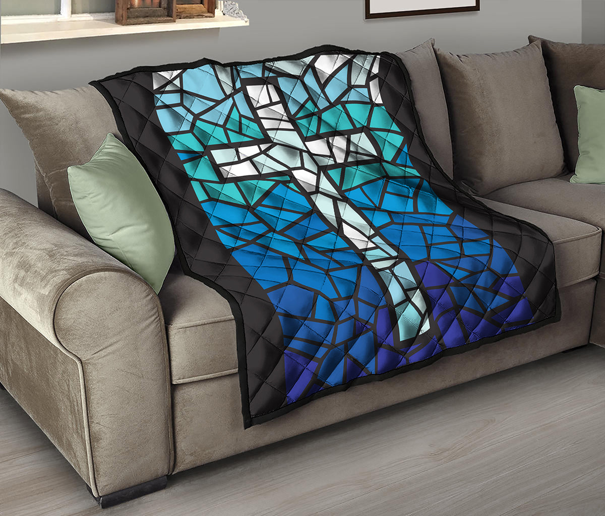 Blue Stained Glass Cross Print Quilt