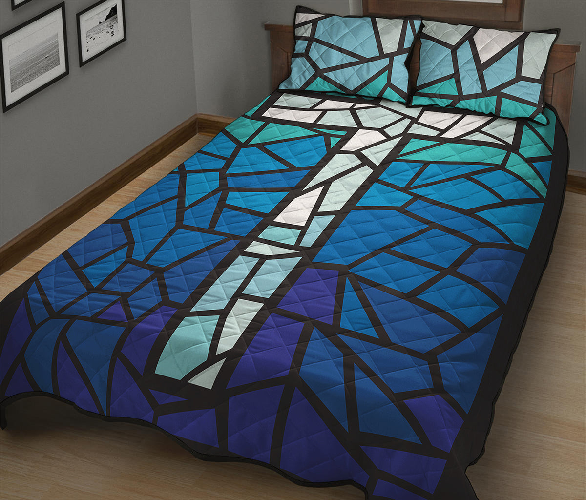 Blue Stained Glass Cross Print Quilt Bed Set
