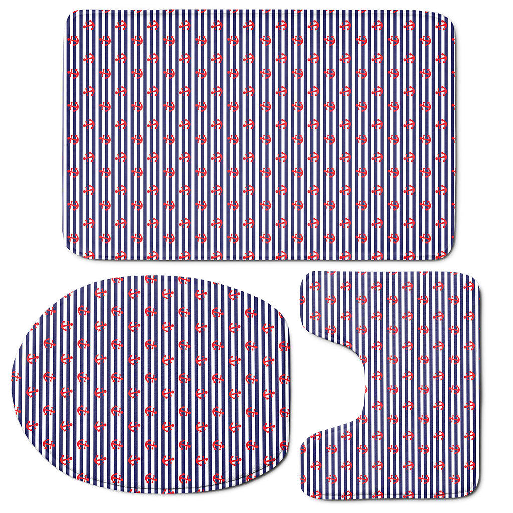 Blue Striped Nautical Anchor Print 3 Piece Bath Mat Set