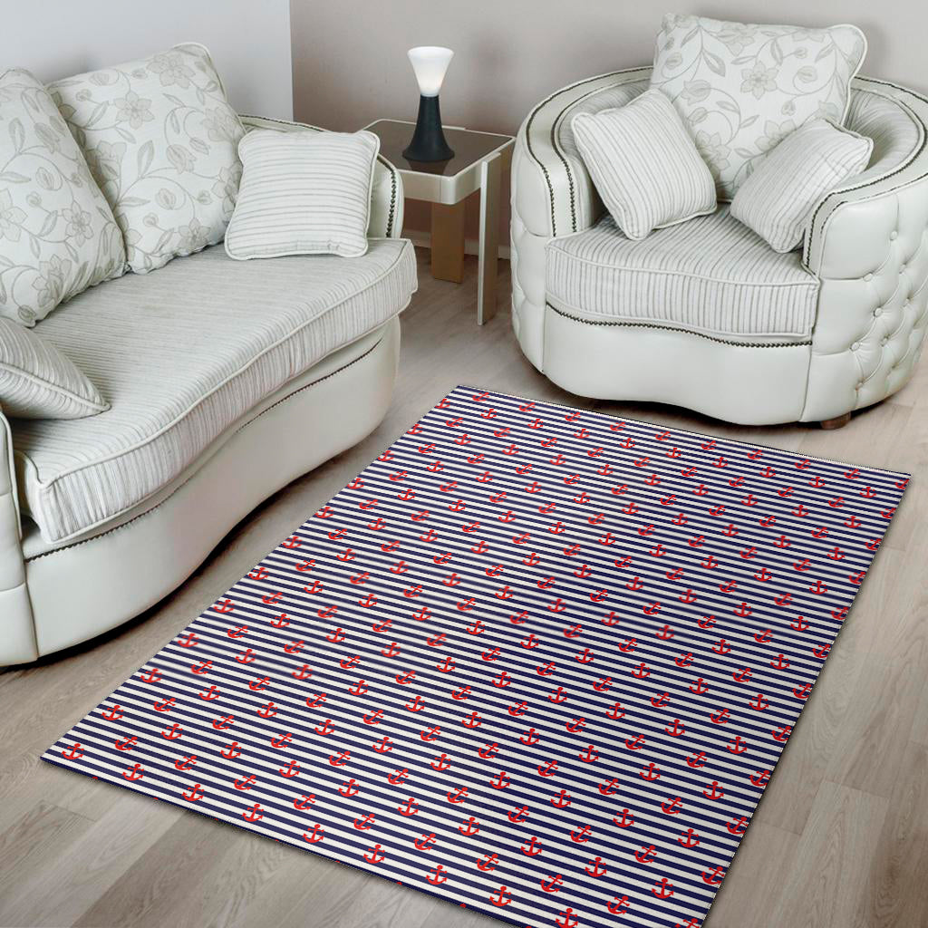 Blue Striped Nautical Anchor Print Area Rug