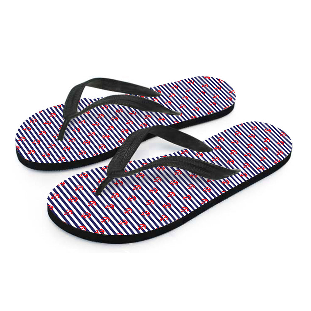 Blue Striped Nautical Anchor Print Flip Flops