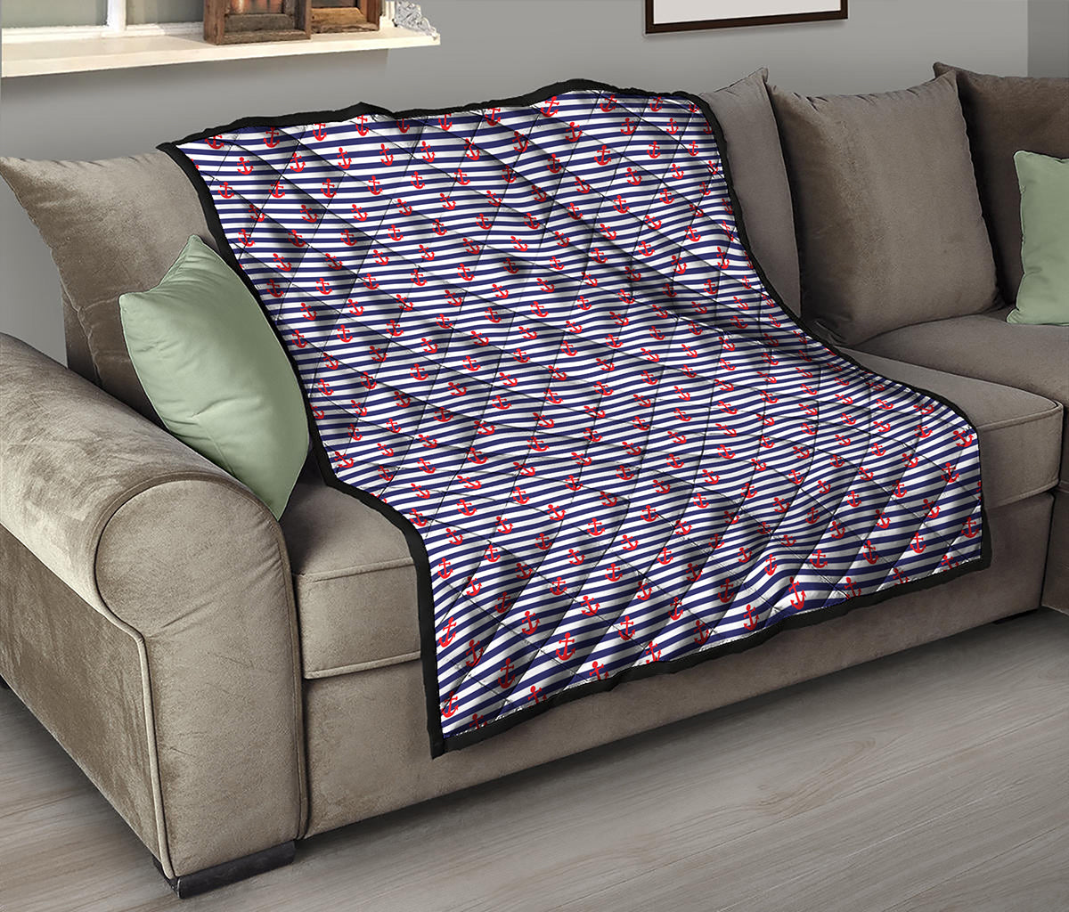 Blue Striped Nautical Anchor Print Quilt