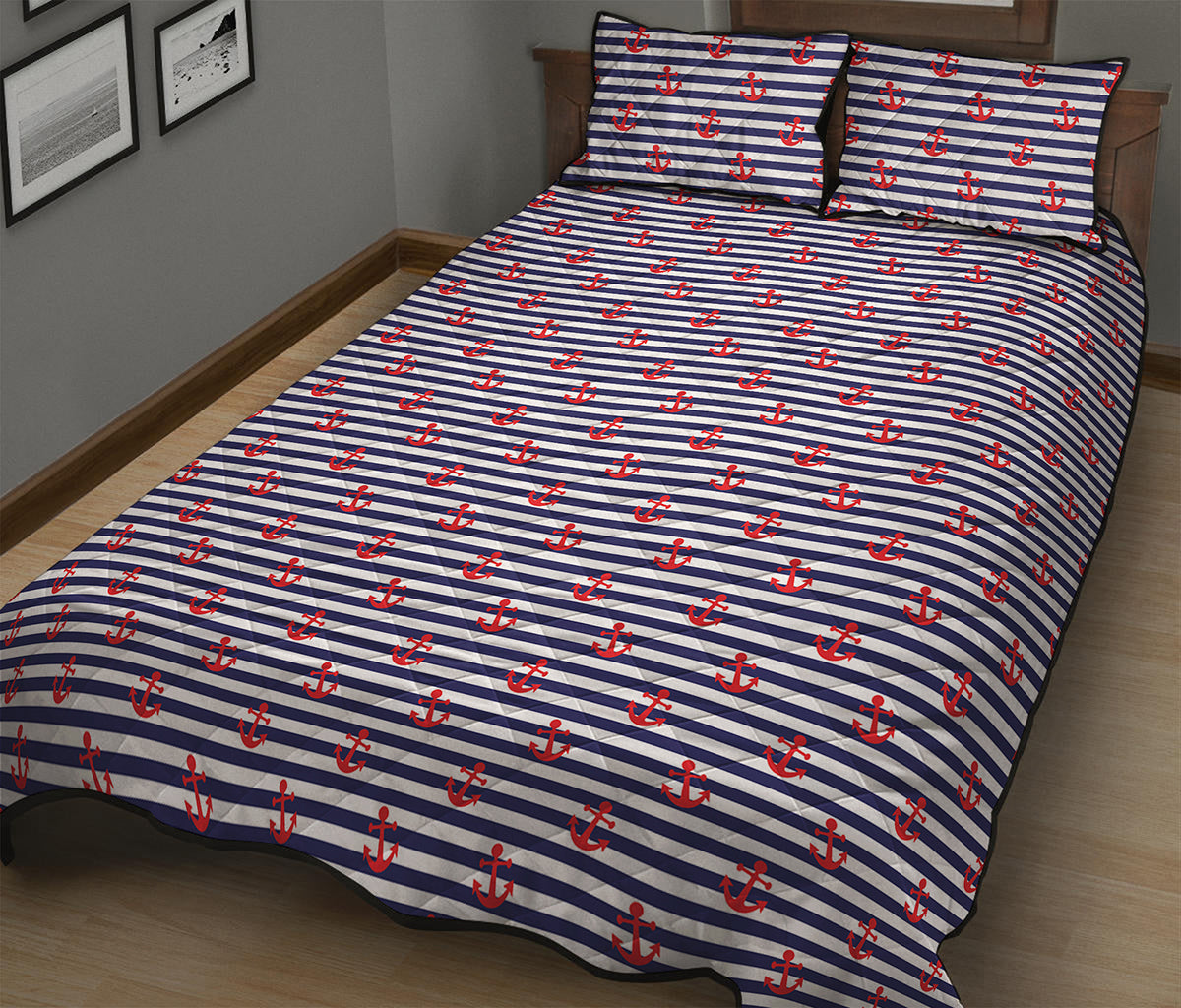 Blue Striped Nautical Anchor Print Quilt Bed Set